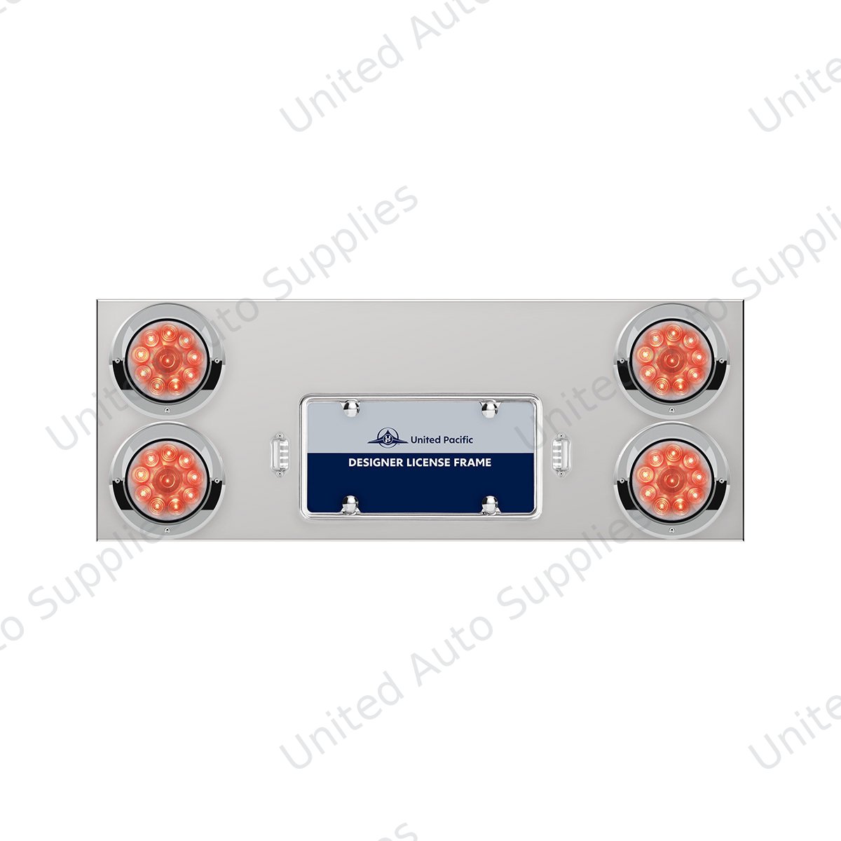 33-3/4" Stainless Rear Center Panel With Four 10 LED 4" Lights & Visors - Red LED/Clear Lens