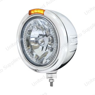 SS Classic Embossed Stripe Headlight H4 With White LED & Dual Mode LED Signal -Amber Lens