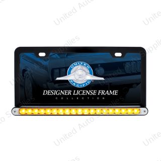 Black License Plate Frame With 19 LED 12" Reflector Light Bar - Amber LED/Clear Lens