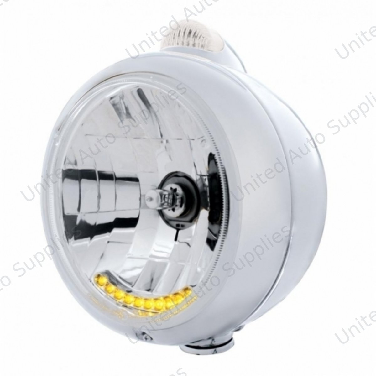 Stainless Steel Guide 682-C Headlight H4 With 6 Amber LED & LED Signal - Clear Lens