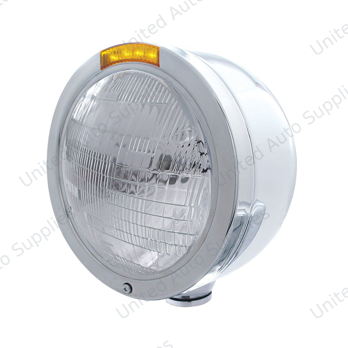 Stainless Steel Bullet Half Moon Headlight 6014 Bulb & LED Turn Signal - Amber Lens
