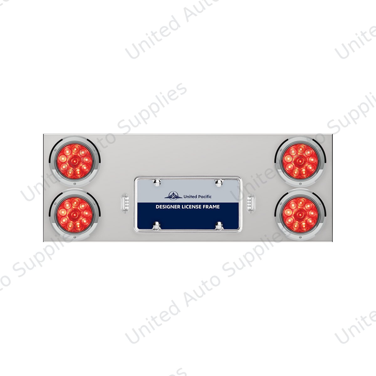 33-3/4" Stainless Rear Center Panel With Four 10 LED 4" Lights & Bezels - Red LED/Red Lens