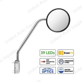 SS Hood Mirror Assembly W/ Sequential LED Turn Signal For 2013-2021 Kenworth T680 & Peterbilt 579 - Driver