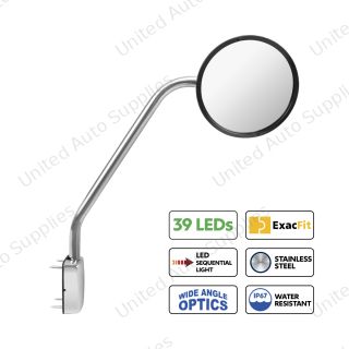 SS Hood Mirror Assembly W/ Sequential LED Turn Signal For 2013-2021 Kenworth T680 & Peterbilt 579 - Driver