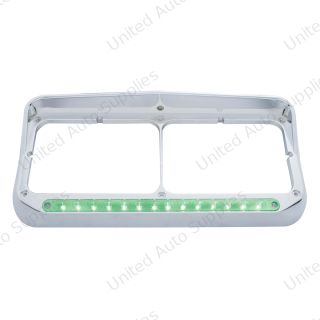 14 LED Chrome Rectangular Dual Headlight Bezel With Visor - Green LED/Clear Lens