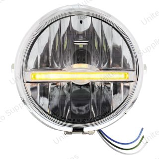 Chrome 5-3/4" Motorcycle Headlight 9 LED Bulb With Amber LED Light Bar - Side Mount