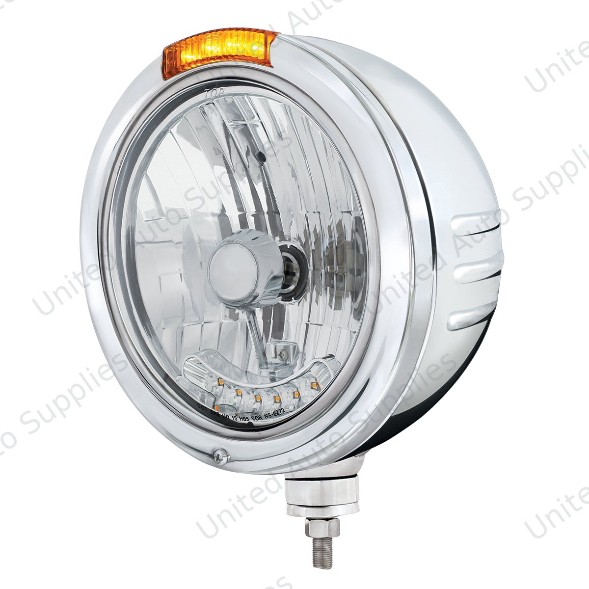 SS Bullet Embossed Stripe Headlight H4 With 6 Amber LEDs & Dual Mode LED Signal -Amber Lens