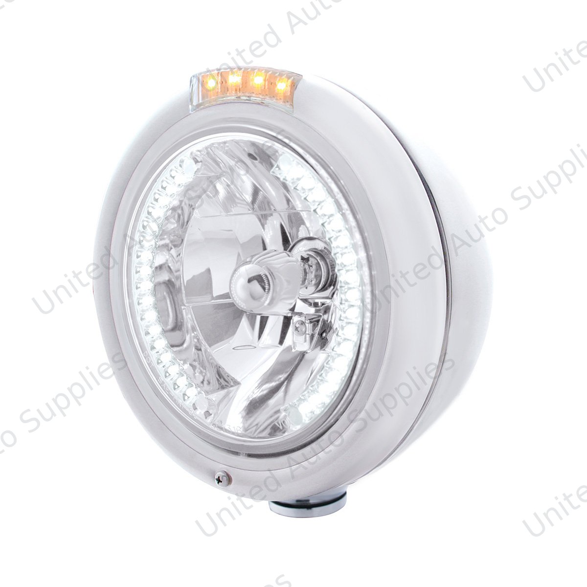 Stainless Steel Classic Headlight H4 With 34 White LED & Signal - Clear Lens