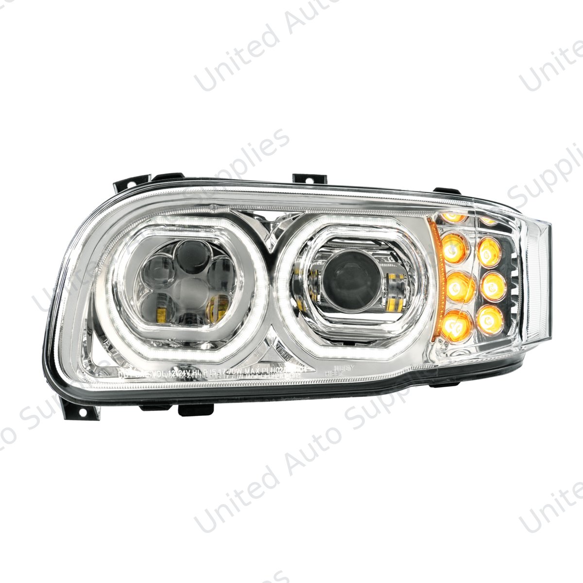 High Power 10 LED Chrome Headlight With 10 LED Turn & 100 LED Halo For 2008-2024 Peterbilt 389-Driver