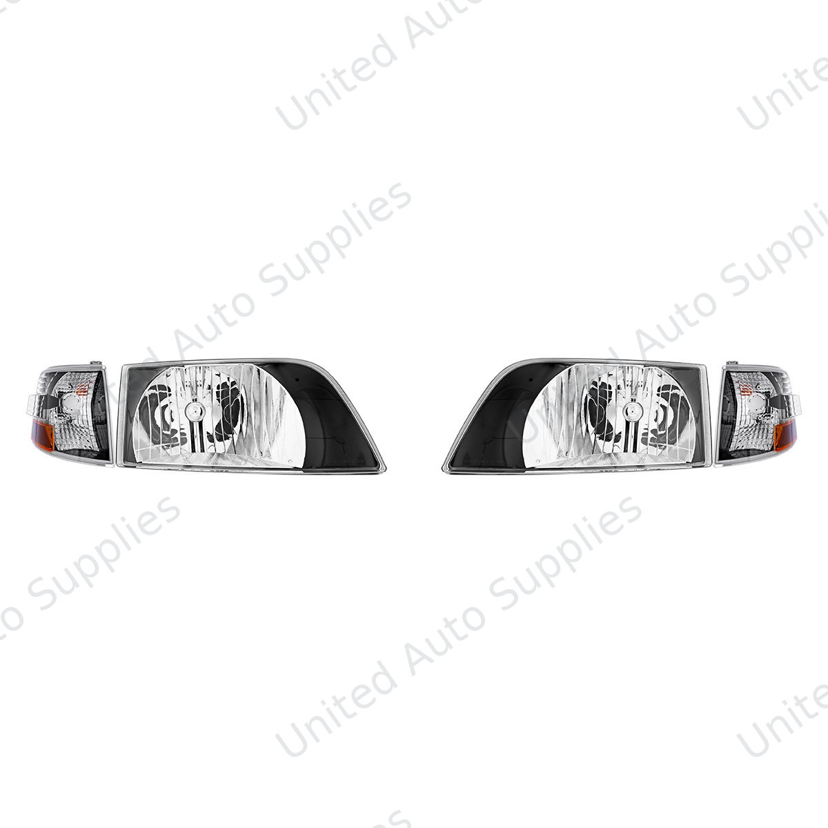 Black Bezel Headlight Assembly With Turn Signal For 1996-2003 Volvo VN (Set)