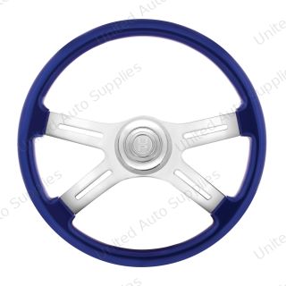 18" Candy Color 4 Spoke Steering Wheel With Chrome Horn Bezel And Horn Button-Indigo Blue
