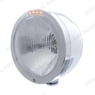 Stainless Steel Bullet Half Moon Headlight H4 Bulb & LED Turn Signal - Clear Lens