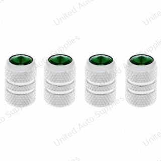 Chrome Tubular Valve Caps With Green Crystal (Set of 4)