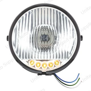 Black 5-3/4" Motorcycle Headlight H4 Bulb With 5 Amber LED - Side Mount