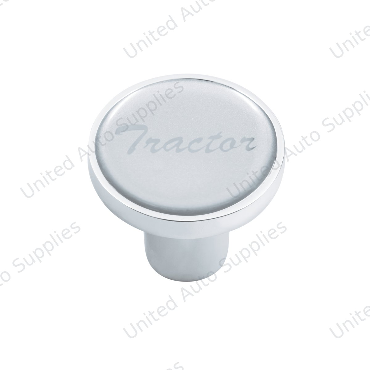Aluminum Screw-On Air Valve Knob With Glossy Tractor Script Sticker - Silver Sticker