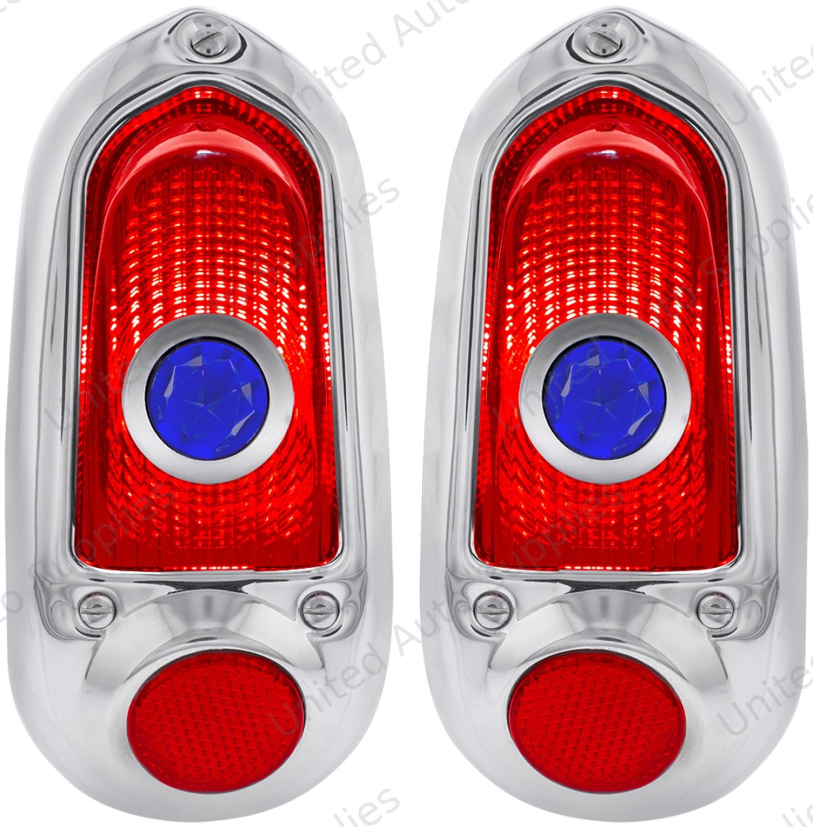 Tail Light Assembly With Stainless Steel Housing & Blue Dot For 1949-50 Chevy Passenger Car - L/H and R/H (2pcs)