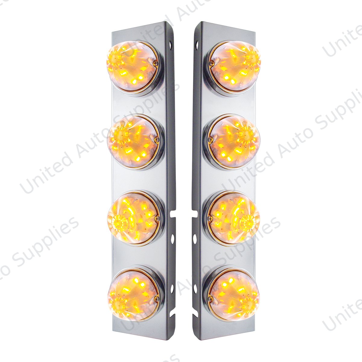 SS Front Air Cleaner Bracket With 8X 17 LED Watermelon Lights & SS Bezels For Peterbilt -Amber LED/Clear Lens (Pair)