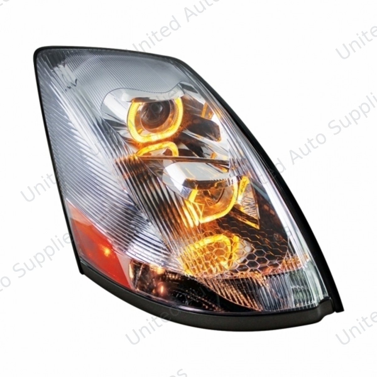 Chrome Projection Headlight With Amber LED Light Bar For 2003-2017 Volvo VN/VNL - Passenger