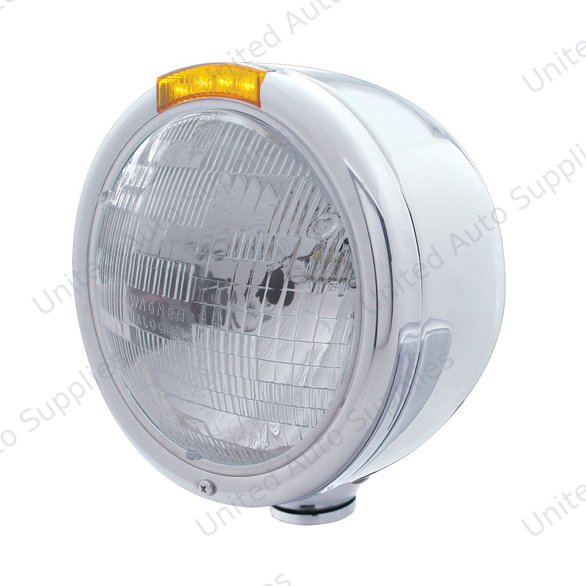 Stainless Steel Classic Half Moon Headlight H6024 Bulb & LED Turn Signal - Amber Lens