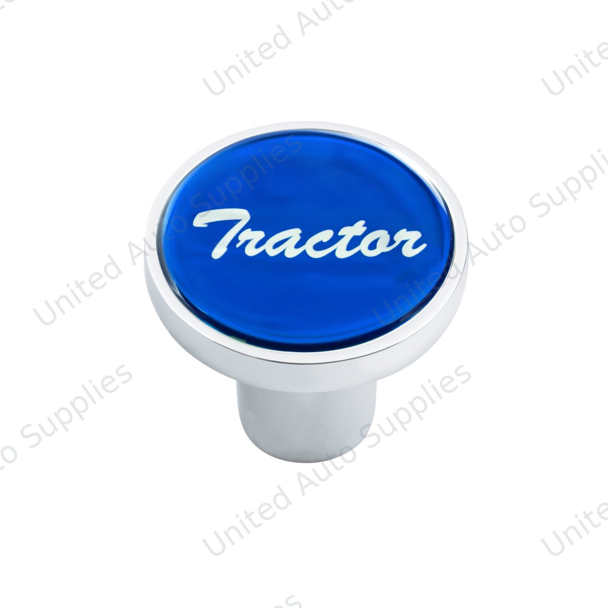 Aluminum Screw-On Air Valve Knob With Glossy Tractor Script Sticker - Blue Sticker