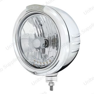 SS Classic Embossed Stripe Headlight Housing & H4 With 6 Amber LED & Dual Mode LED Signal -Clear Lens