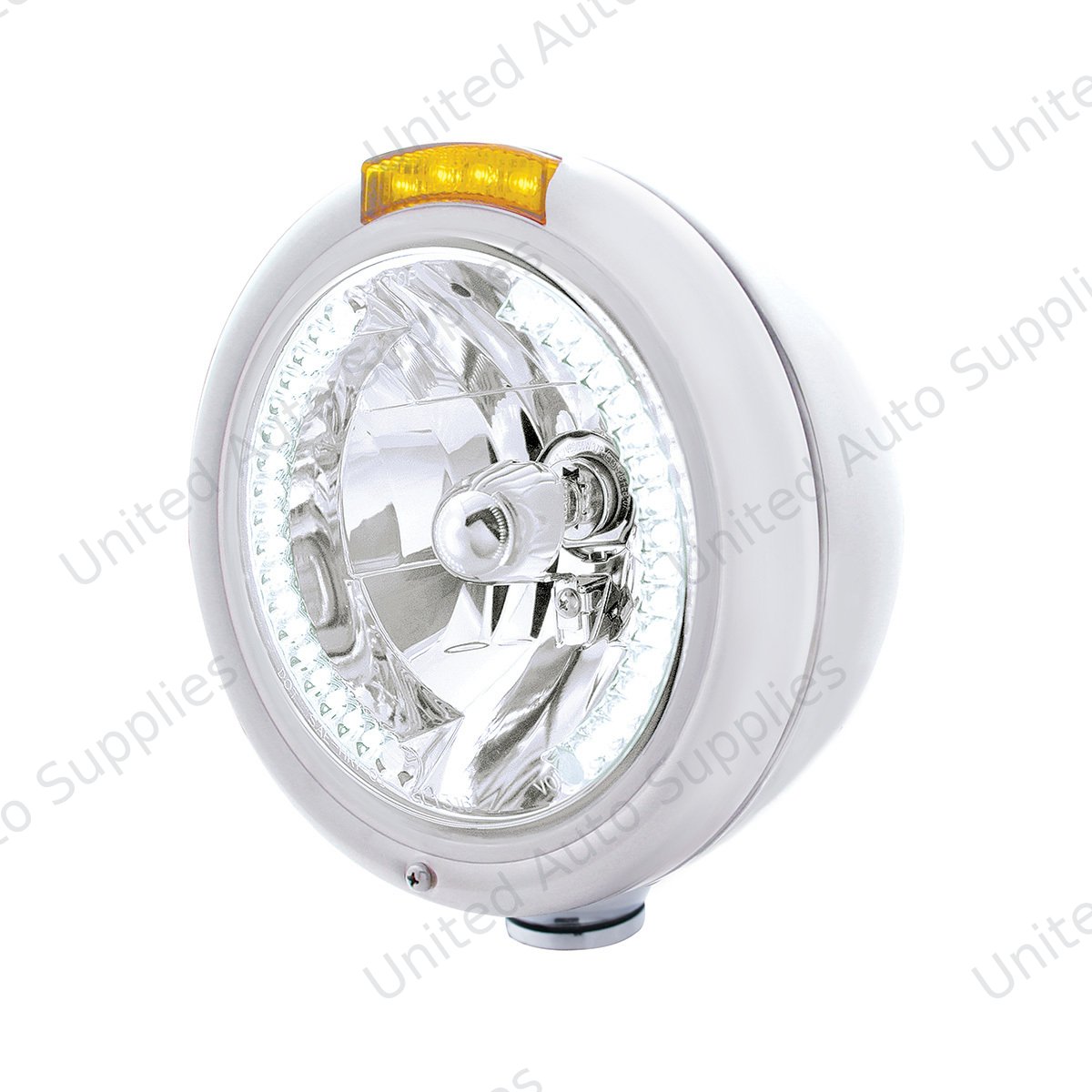 Chrome Classic Headlight H4 With 34 White LED & Dual Mode LED Signal - Amber Lens