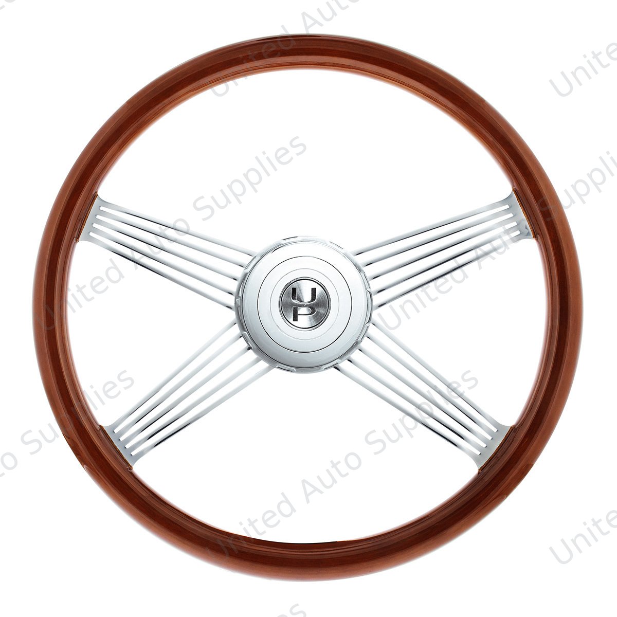 18" Chrome 4 Spoke With Wire Cutout Steering Wheel With Horn Bezel & Button-Wood Grain