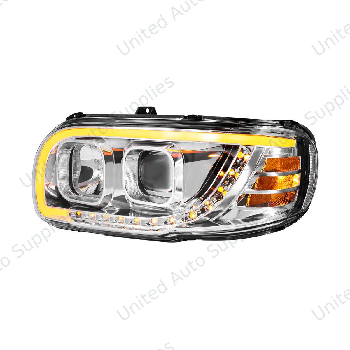 Chrome Projection Headlight With LED Turn Signal & Light Bar For 2008-2024 Peterbilt 389-Driver