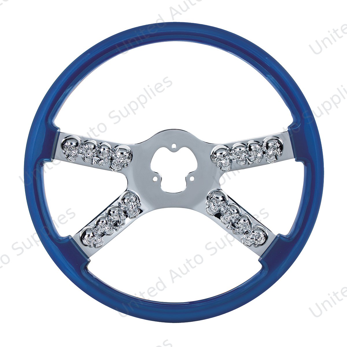 18" Chrome Steering Wheel With Skull Accent - Blue