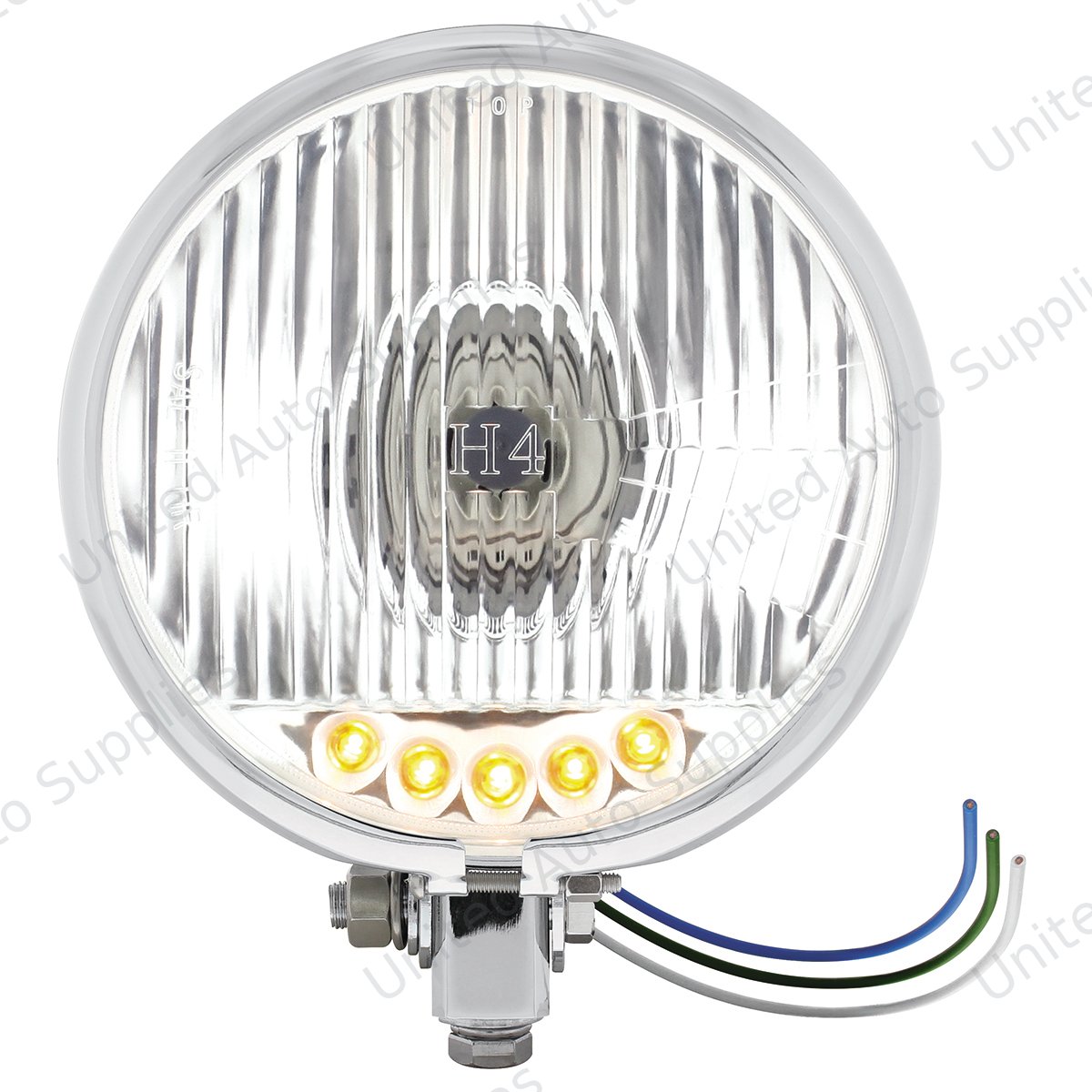 Chrome 5-3/4" Motorcycle Headlight H4 Bulb With 5 Amber LED - Bottom Mount