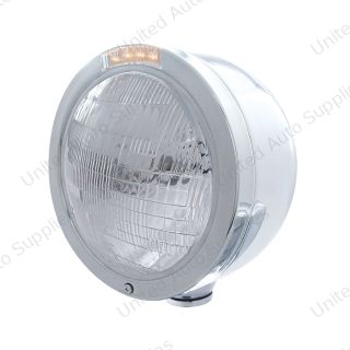 Stainless Steel Bullet Half Moon Headlight 6014 Bulb & LED Turn Signal - Clear Lens