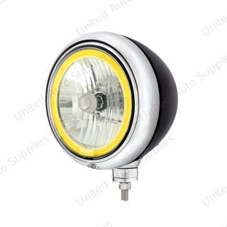 Black Guide Headlight 9007 Bulb With Amber LED Halo Rim
