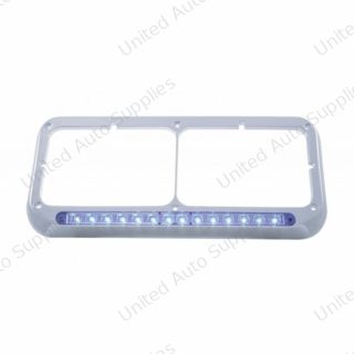 14 LED Chrome Rectangular Dual Headlight Bezel - Blue LED/Clear Lens