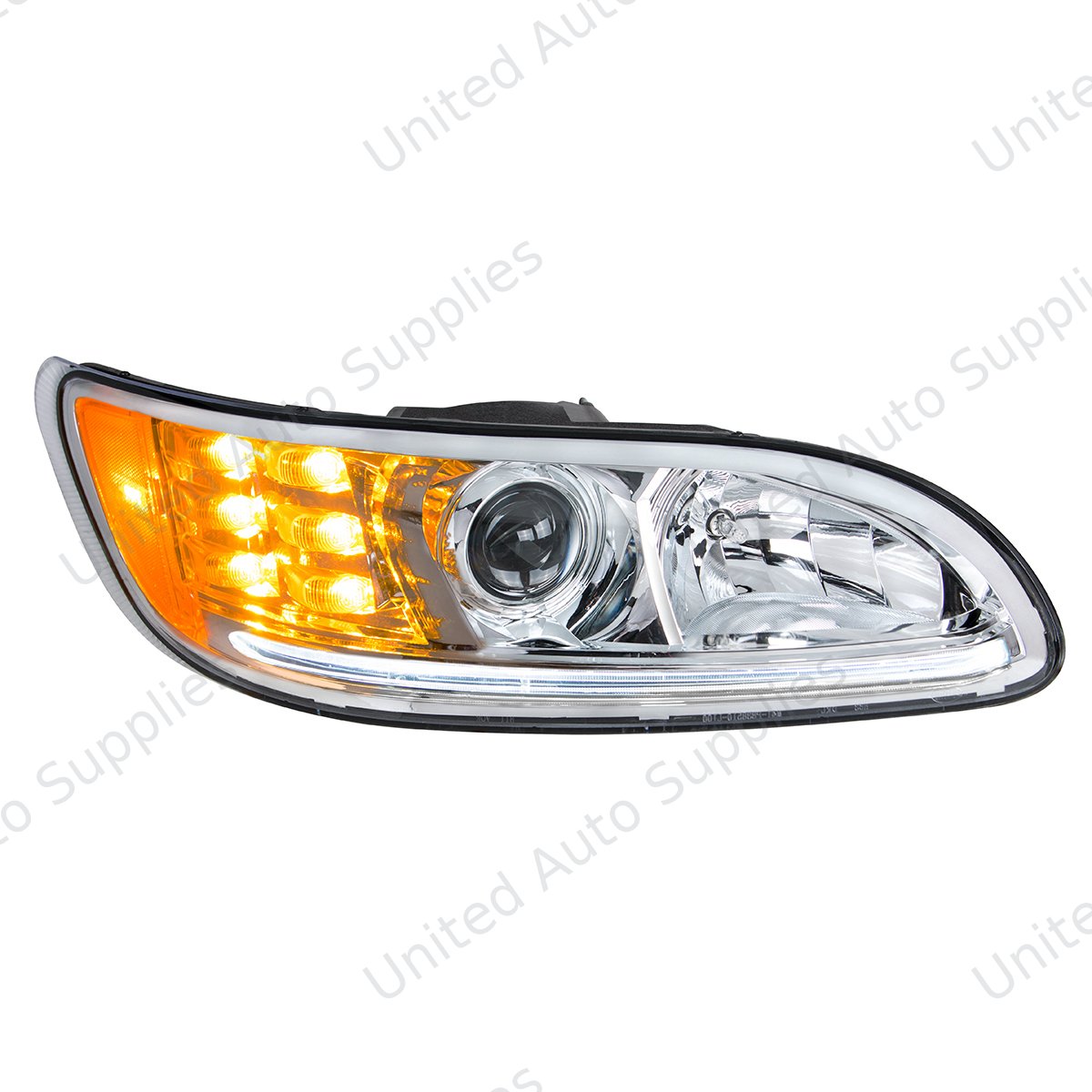 Chrome Projection Headlight With LED Turn & Position Light for 2005-2015 Peterbilt 386- Passenger