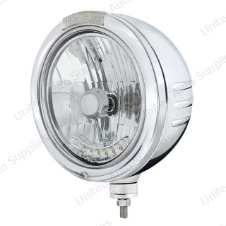 SS Bullet Embossed Stripe Headlight Housing & H4 With 6 Amber LEDs & Dual Mode LED Signal -Clear Lens