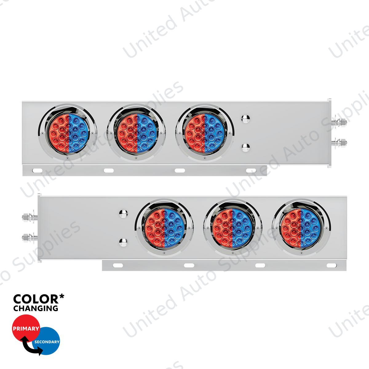 2" Bolt Pattern SS Spring Loaded Light Bar With 6X Double Fury 19 LED Lights & Visors-Red & Blue LED (Pair)