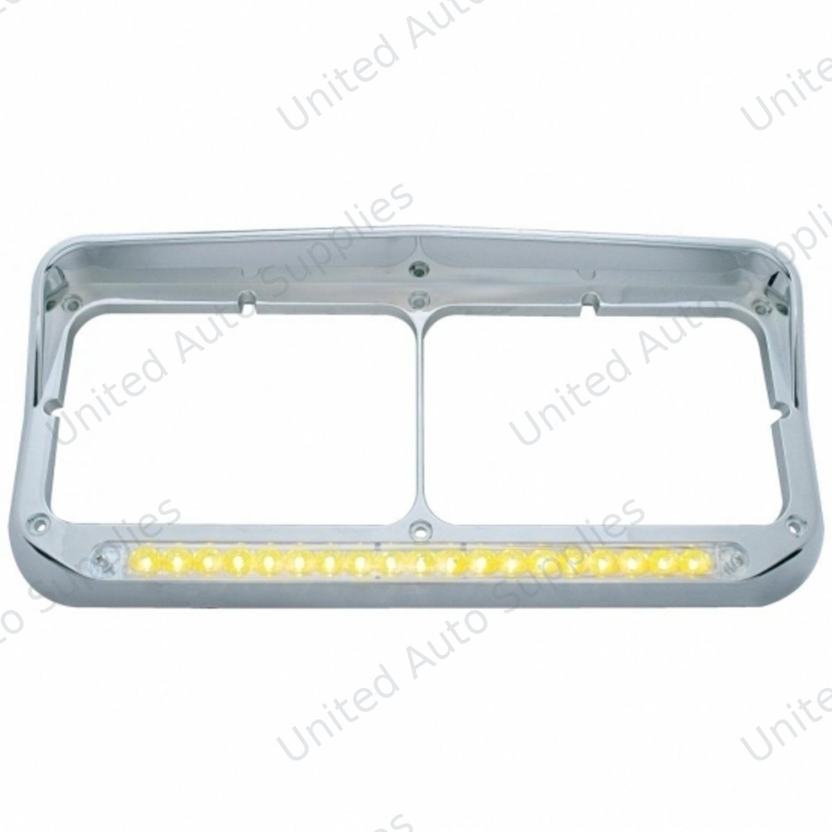 Chrome Rectangular Dual Headlight Bezel With Visor & 19 LED Light Bar - Amber LED/Clear Lens