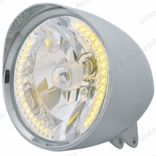 Motorcycle Chrome "Chopper" Headlight With Smooth Visor H4 Bulb With 34 Amber LED