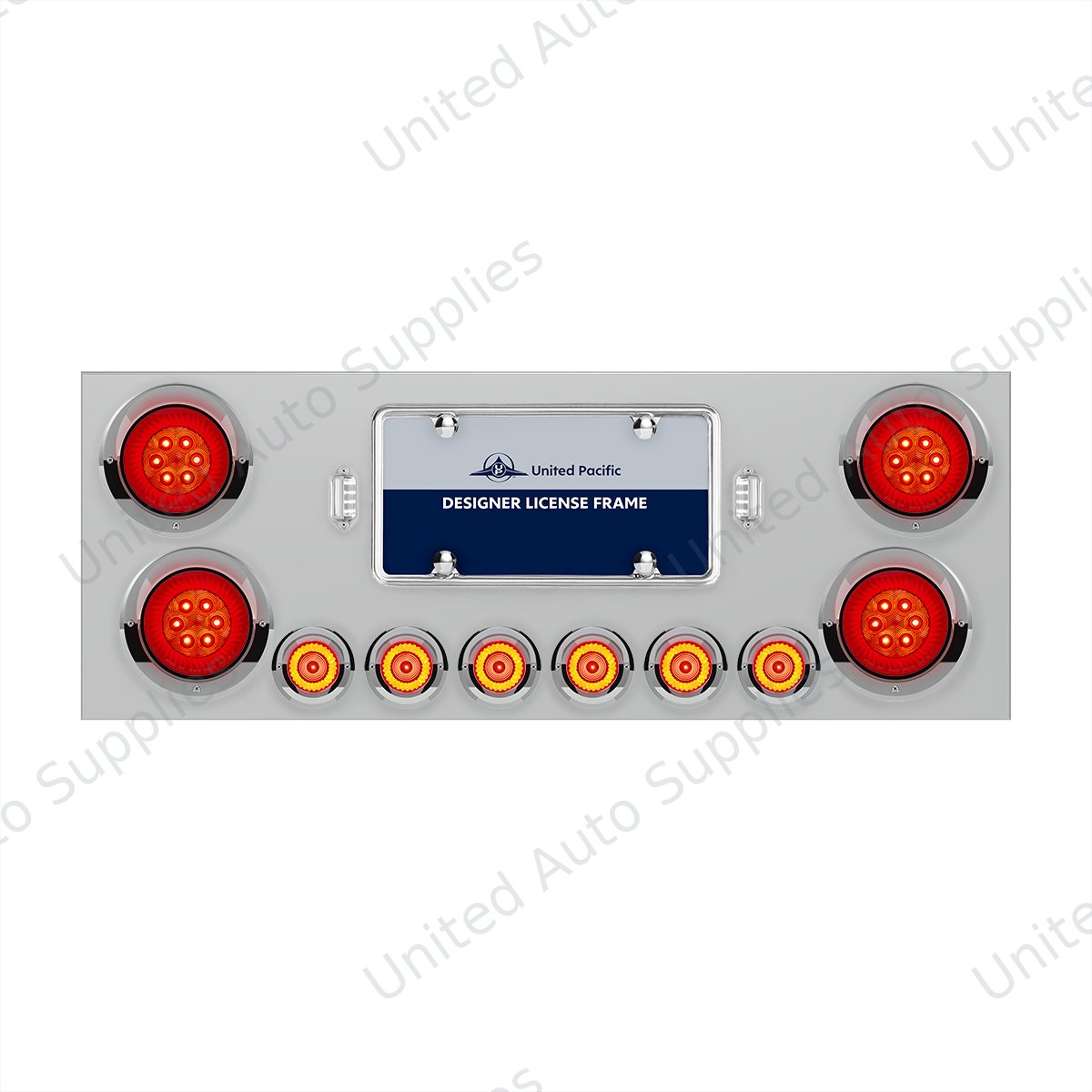 SS Rear Center Panel With Four 16 LED 4" Turbine Light & Six 7 LED 2" Lights & Visor-Red LED/Red Lens