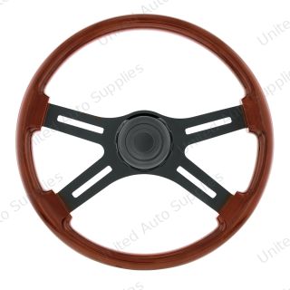 18" Matte Black 4 Spoke Steering Wheel With Horn Bezel & Button-Wood Grain