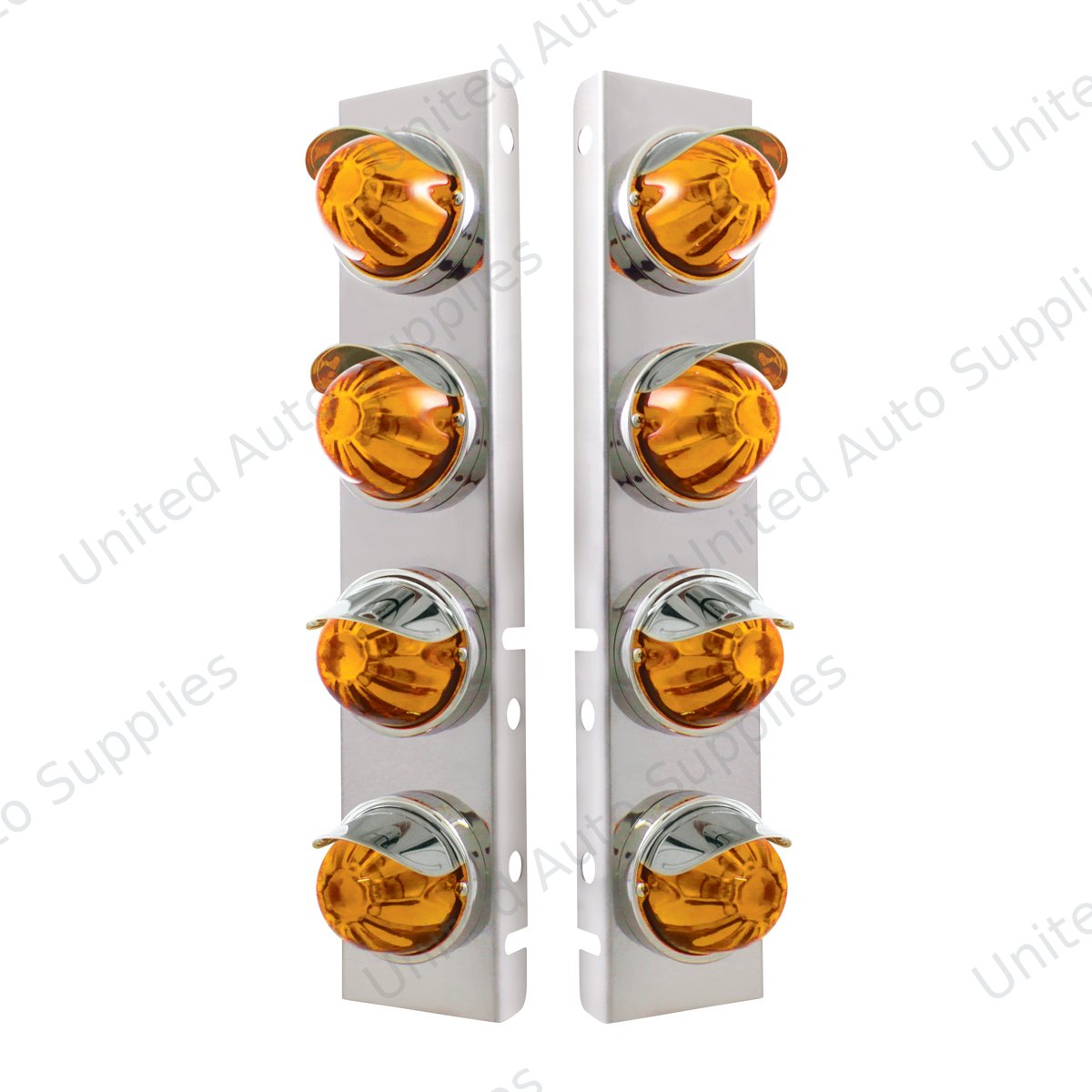 SS Front Air Cleaner Bracket With 8X Glass Watermelon Lights & SS Visors For Peterbilt -Amber Lens