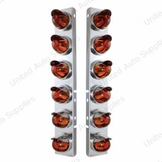 SS Front Air Cleaner Bracket With 12X Glass Watermelon Lights & SS Visors For Peterbilt-Dark Amber Lens