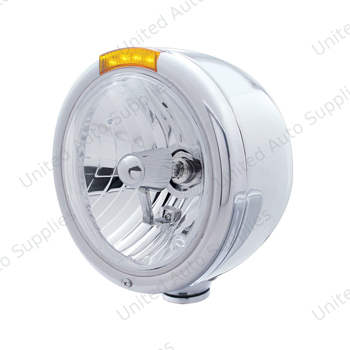 Stainless Steel Classic Half Moon Headlight Crystal H4 Bulb & LED Turn Signal - Amber Lens