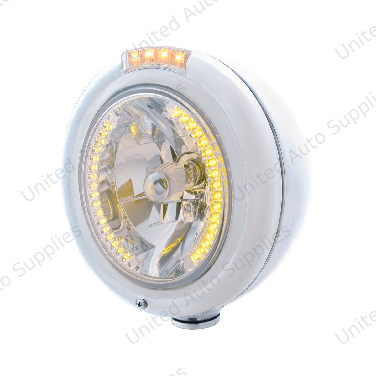 Stainless Steel Classic Headlight H4 With 34 Amber LED & Signal - Clear Lens