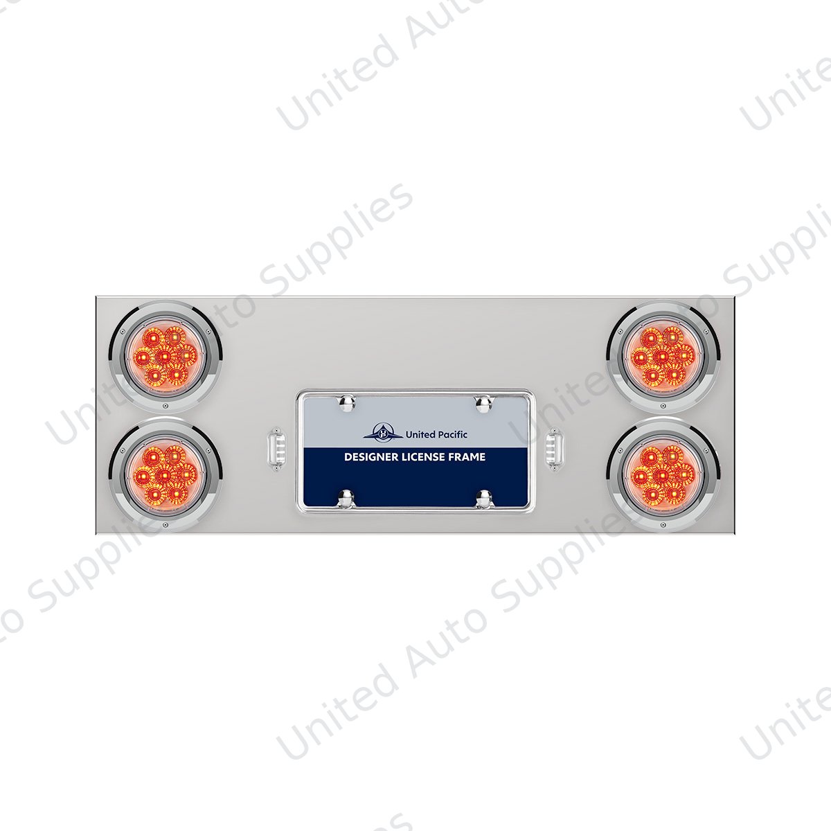 33-3/4" Stainless Rear Center Panel With Four 7 LED 4" Reflector Lights & Bezels - Red LED/Clear Lens