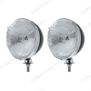 7" Black Dietz Style Headlight Housing & Chrome Rim With 12 Volt H6024 Halogen Seal Beam Bulb (Pair)