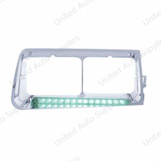 14 LED Headlight Bezel For 1989-2009 Freightliner FLD - Passenger - Green LED/Clear Lens