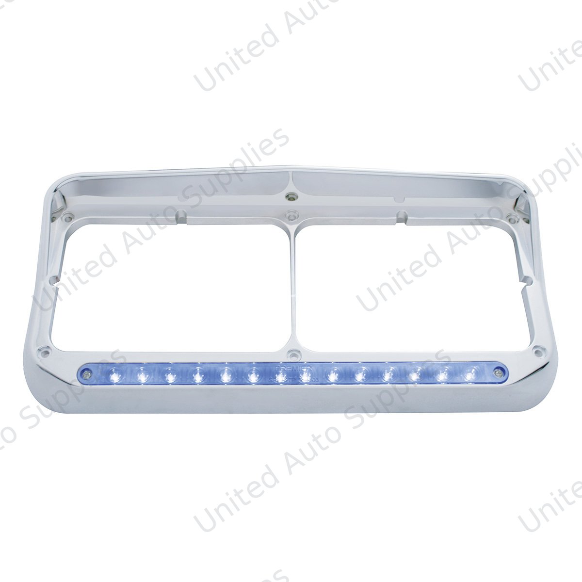 14 LED Chrome Rectangular Dual Headlight Bezel With Visor - Blue LED/Clear Lens