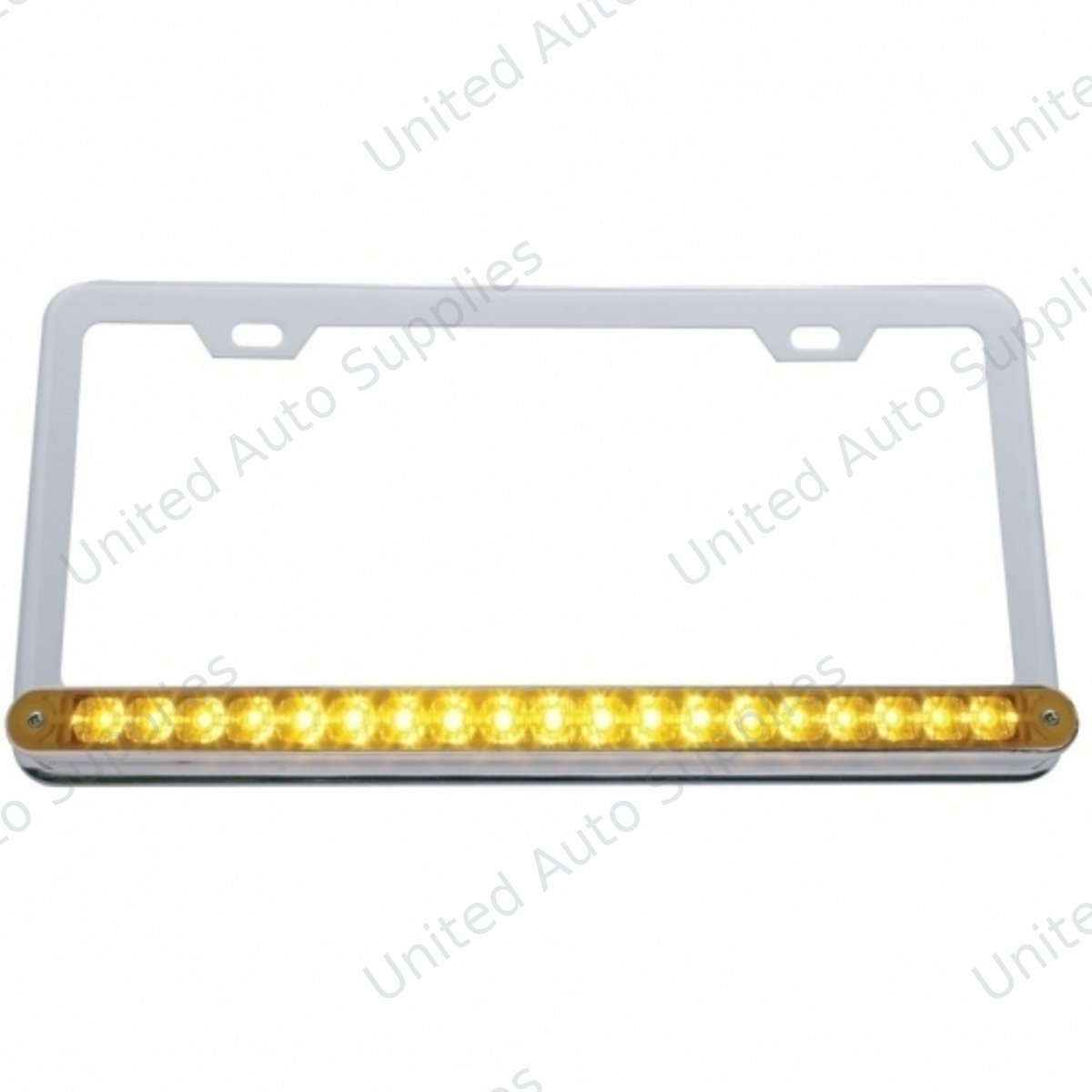 Chrome License Plate Frame With 19 LED 12" Reflector Light Bar - Amber LED/Amber Lens