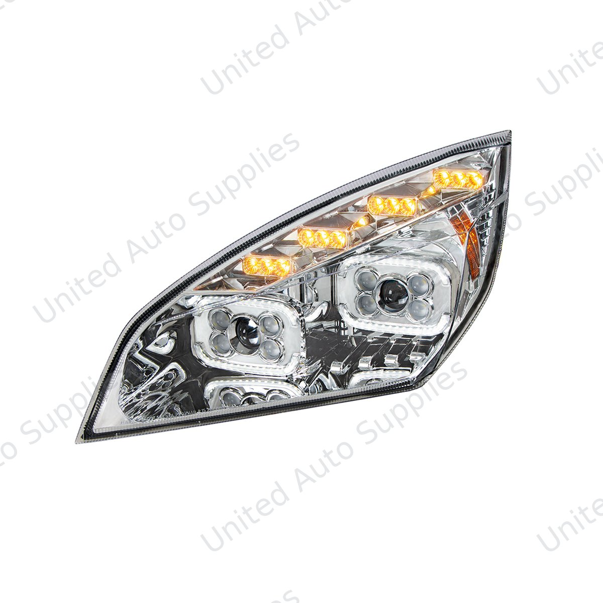 Chrome 10 LED Projector Headlight With LED Sequential Turn & DRL For 2018-2024 Freightliner Cascadia - Driver